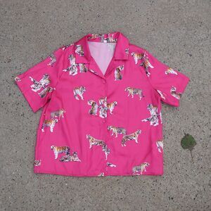 SHEIN Pink Tiger Animal Print Satin Button Up Blouse Y2K Short Sleeve S